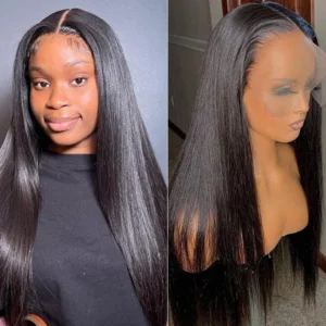 InTime Natural Straight 13x4 Lace Frontal Human Hair Wig Natural Black Pre-Plucked Hairline