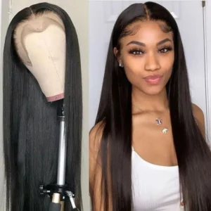 InTime Natural Straight 13x4 Lace Frontal Human Hair Wig Natural Black Pre-Plucked Hairline