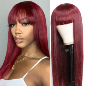 Intime 99J Wine Red Burgundy Silk Straight Human Hair Wig with Bangs Glueless