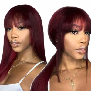 Intime 99J Wine Red Burgundy Silk Straight Human Hair Wig with Bangs Glueless