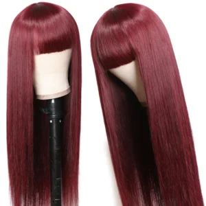 Intime 99J Wine Red Burgundy Silk Straight Human Hair Wig with Bangs Glueless