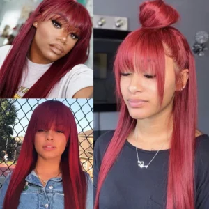 Intime 99J Wine Red Burgundy Silk Straight Human Hair Wig with Bangs Glueless