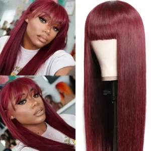 Intime 99J Wine Red Burgundy Silk Straight Human Hair Wig with Bangs Glueless