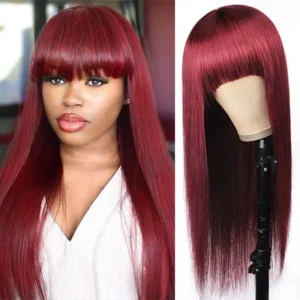 Intime 99J Wine Red Burgundy Silk Straight Human Hair Wig with Bangs Glueless