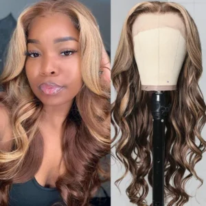 Intime Lace Frontal Body Wave Wig with Honey Blonde Highlights Natural and Realistic