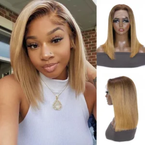 Intime Short Bob Wig 13x4 Lace Front Honey Blonde with Dark Roots Layered Lob