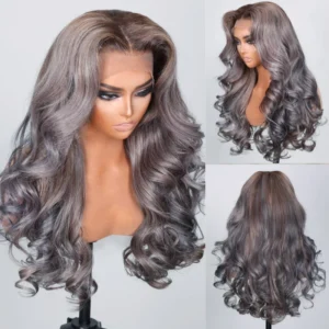 Intime Ash Purple Highlight Body Wave Wig with 13x4 Lace Front Human Hair