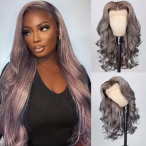 Intime Ash Purple Highlight Body Wave Wig with 13x4 Lace Front Human Hair