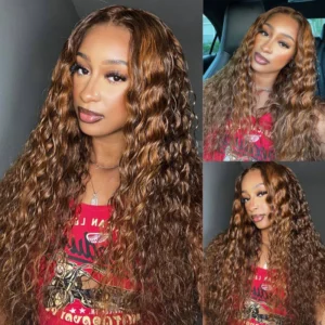 Intime Balayage Water Wave Human Hair Wig Piano Brown Highlight Big Curly 13x4 Lace Frontal