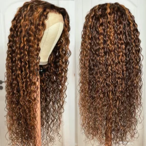 Intime Balayage Water Wave Human Hair Wig Piano Brown Highlight Big Curly 13x4 Lace Frontal