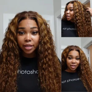 Intime Balayage Water Wave Human Hair Wig Piano Brown Highlight Big Curly 13x4 Lace Frontal