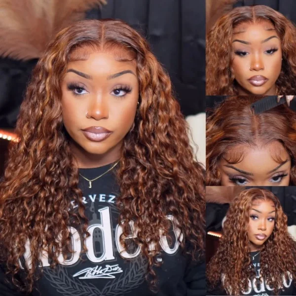 Intime Balayage Water Wave Human Hair Wig Piano Brown Highlight Big Curly 13x4 Lace Frontal