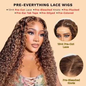 Intime Balayage Water Wave Human Hair Wig Piano Brown Highlight Big Curly 13x4 Lace Frontal