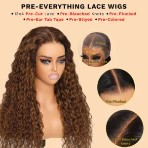 Intime Balayage Water Wave Human Hair Wig Piano Brown Highlight Big Curly 13x4 Lace Frontal