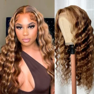 Intime Deep Wave Human Hair Wig Honey Blonde Highlight Piano Lace Closure (1)