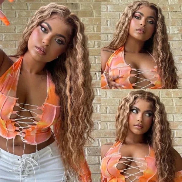 Intime Deep Wave Human Hair Wig Honey Blonde Highlight Piano Lace Closure (2)
