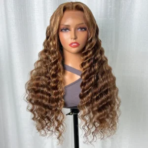 Intime Deep Wave Human Hair Wig Honey Blonde Highlight Piano Lace Closure