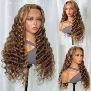 Intime Deep Wave Human Hair Wig Honey Blonde Highlight Piano Lace Closure