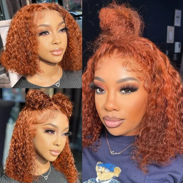 Intime Ginger Orange Water Wave Short Bob 13x4 Lace Frontal Human Hair Wig (1)