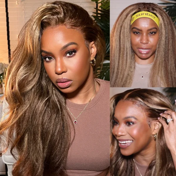 Intime Honey Blonde Highlight Kinky Straight 13x4 Lace Front Human Hair Wig (2)