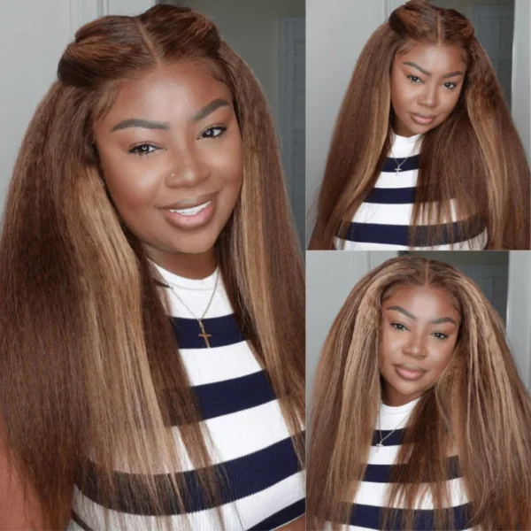 Intime Honey Blonde Highlight Kinky Straight 13x4 Lace Front Human Hair Wig (6)