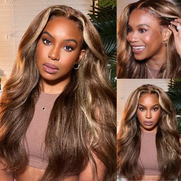 Intime Honey Blonde Highlight Kinky Straight 13x4 Lace Front Human Hair Wig (8)