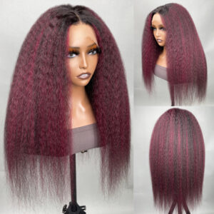 Intime Kinky Straight 13x4 Lace Front Burgundy Highlight Human Hair Wig with Baby Hair (1)