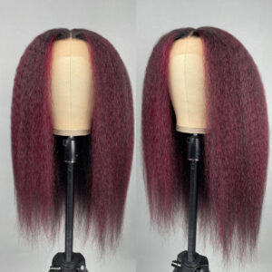 Intime Kinky Straight 13x4 Lace Front Burgundy Highlight Human Hair Wig with Baby Hair