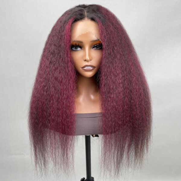 Intime Kinky Straight 13x4 Lace Front Burgundy Highlight Human Hair Wig with Baby Hair (3)