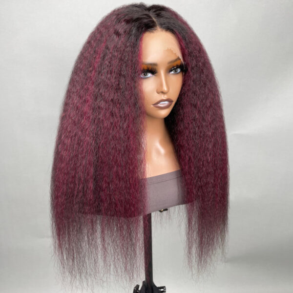 Intime Kinky Straight 13x4 Lace Front Burgundy Highlight Human Hair Wig with Baby Hair (5)