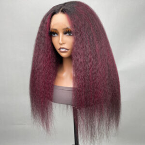 Intime Kinky Straight 13x4 Lace Front Burgundy Highlight Human Hair Wig with Baby Hair