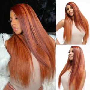 Intime Kinky Straight Ginger Copper Red Highlight Lace Front Wig Natural Hairline (1)