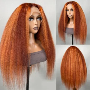 Intime Kinky Straight Ginger Copper Red Highlight Lace Front Wig Natural Hairline