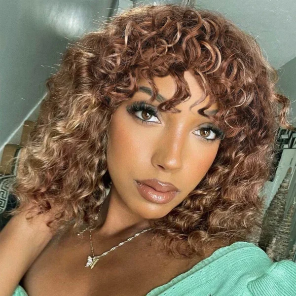 Intime Mix Brown Highlight Deep Wave Short Bob Human Hair Wig with Bangs (2)