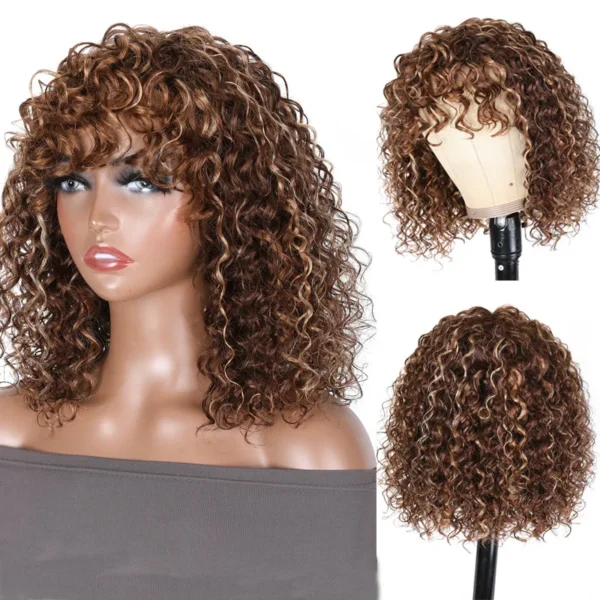 Intime Mix Brown Highlight Deep Wave Short Bob Human Hair Wig with Bangs (3)