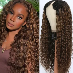 Intime Ombre Light Brown Water Wave V Part Wig Glueless Dark Roots Human Hair (1)