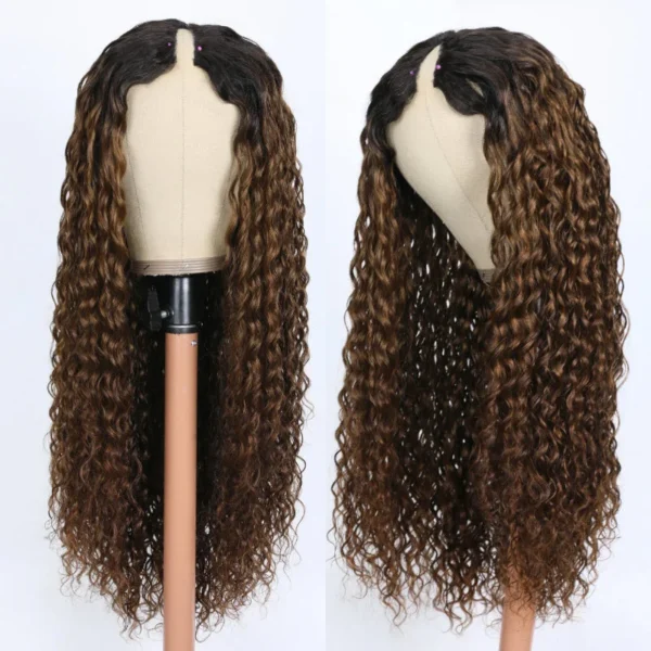 Intime Ombre Light Brown Water Wave V Part Wig Glueless Dark Roots Human Hair (2)