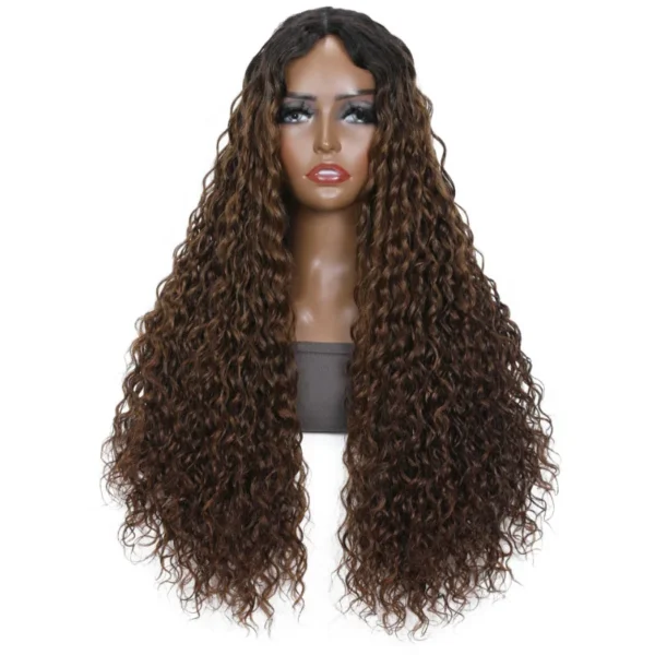 Intime Ombre Light Brown Water Wave V Part Wig Glueless Dark Roots Human Hair (3)