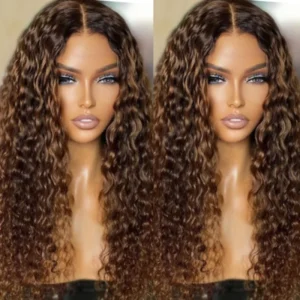 Intime Ombre Light Brown Water Wave V Part Wig Glueless Dark Roots Human Hair