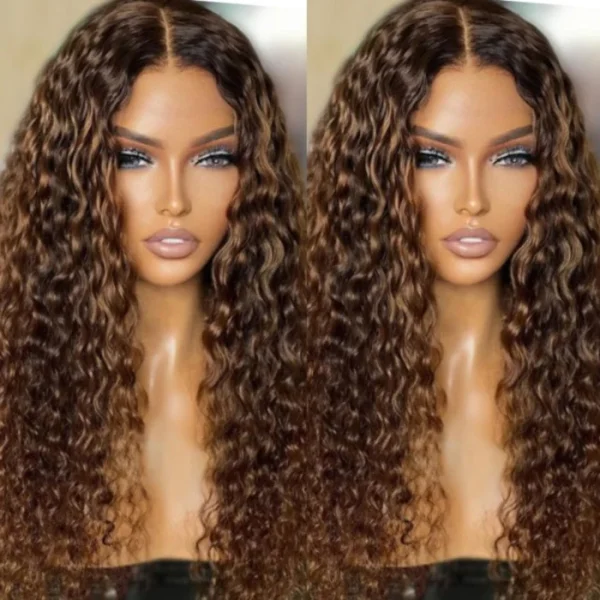 Intime Ombre Light Brown Water Wave V Part Wig Glueless Dark Roots Human Hair (4)