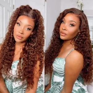 Intime Reddish Brown Wet and Wavy Water Wave 13x4 Lace Front Human Hair Wig Pre-Plucked