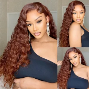 Intime Reddish Brown Wet and Wavy Water Wave 13x4 Lace Front Human Hair Wig Pre-Plucked