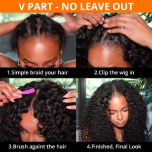 Intime V Part Curly Human Hair Wig Middle Part No Glue No Leave Out