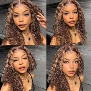 Intime Water Wave Brown and Honey Blonde Highlighted Lace Human Hair Wig