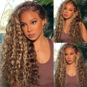 Intime Water Wave Brown and Honey Blonde Highlighted Lace Human Hair Wig