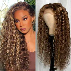 Intime Water Wave Brown and Honey Blonde Highlighted Lace Human Hair Wig