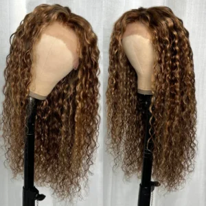 Intime Water Wave Brown and Honey Blonde Highlighted Lace Human Hair Wig