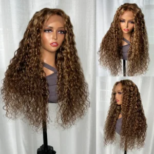 Intime Water Wave Brown and Honey Blonde Highlighted Lace Human Hair Wig