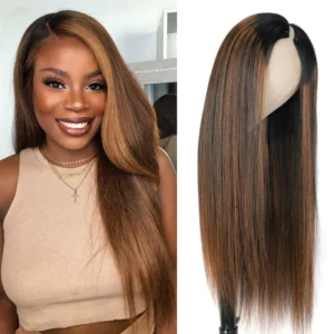 Intime U Part Human Hair Wig Silk Straight T1B/27 Ombre Highlight