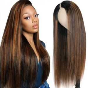 Intime U Part Human Hair Wig Silk Straight T1B/27 Ombre Highlight